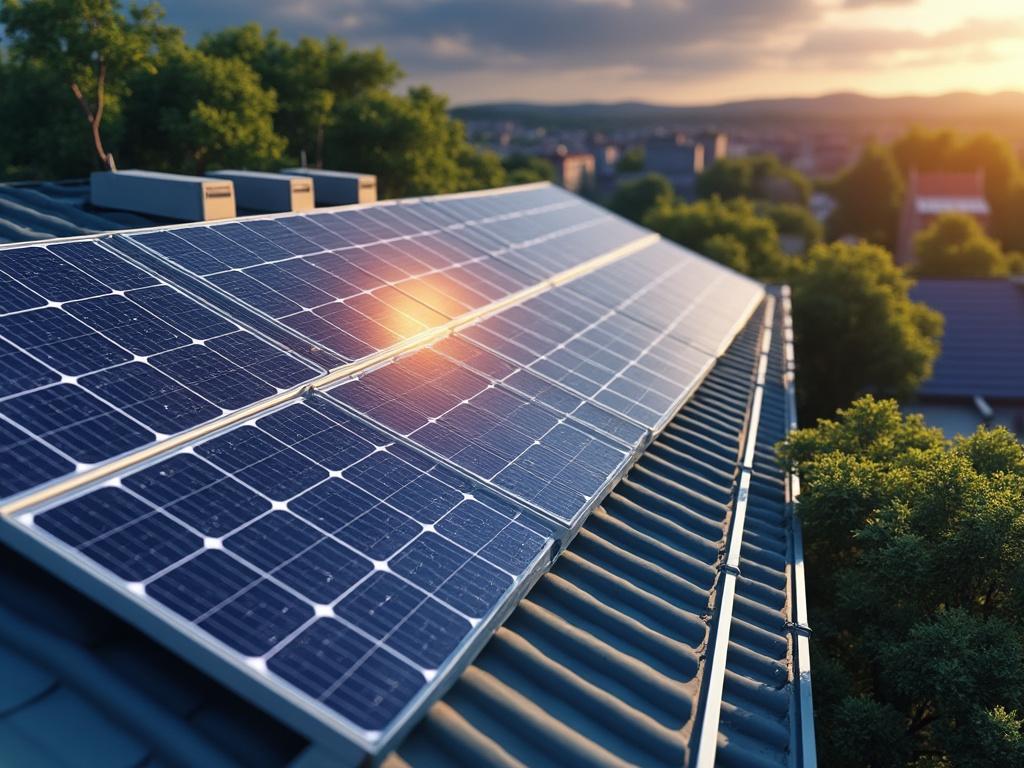 Paneles solares en el techo de una casa al atardecer con árboles y ciudad al fondo.