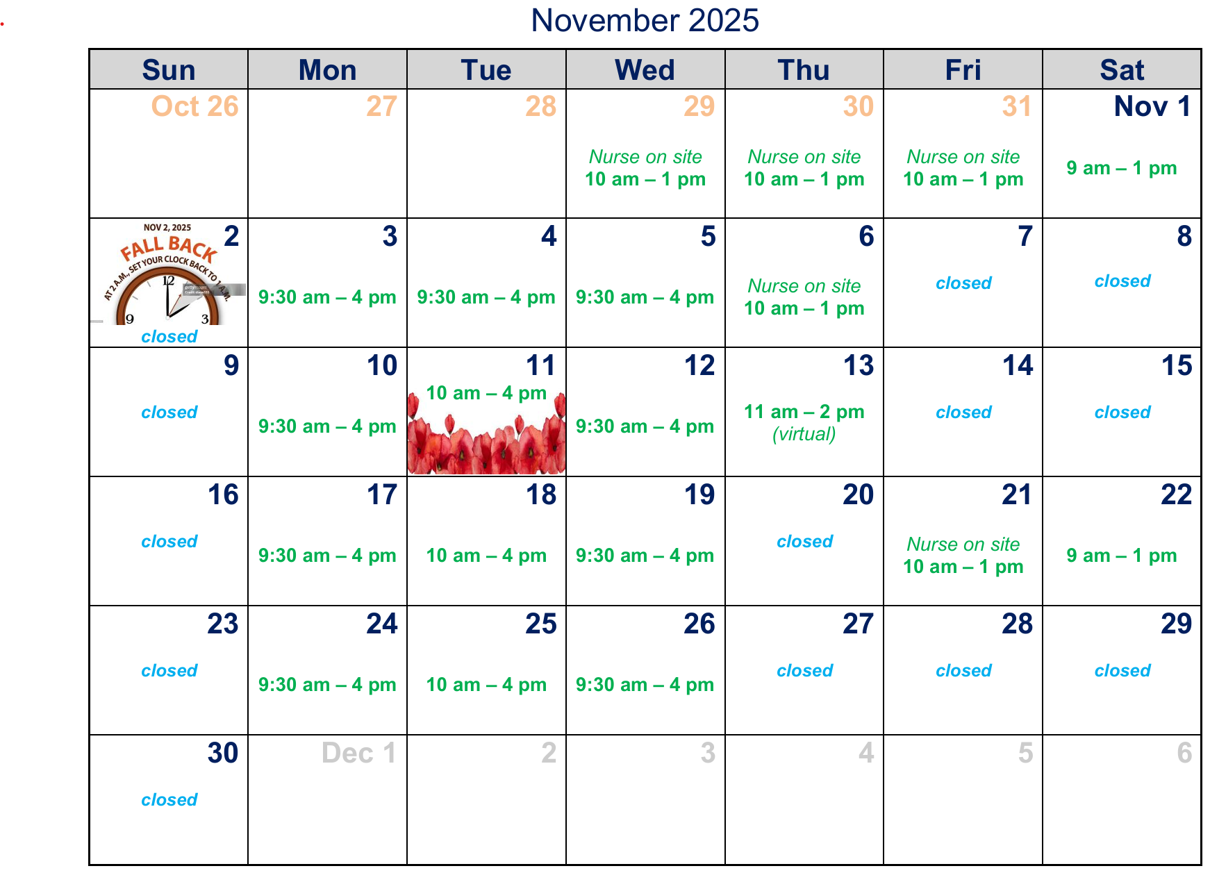 Clinic hours for this month