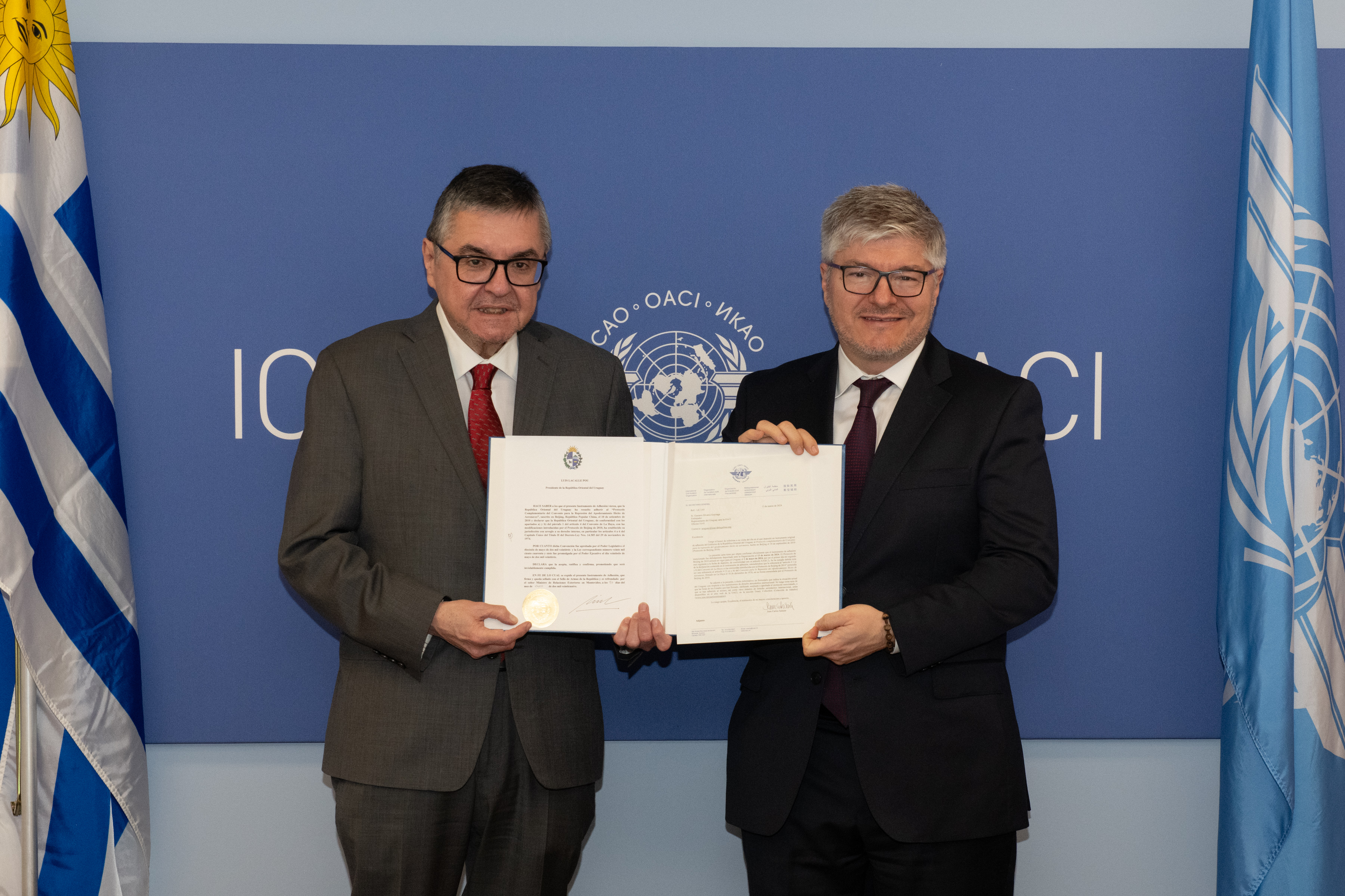 13 March 2024  - Uruguay deposited an instrument of accession to the Protocol Supplementary to the Convention for the Suppression of Unlawful Seizure of Aircraft, done at Beijing on 10 September 2010. Ambassador Gustavo Alvarez Goyoaga, Representative of Uruguay to ICAO and Mr. Eduardo Aguirregaray, Alternate Representative of Uruguay to ICAO, were present for Uruguay. ICAO Secretary General, Mr. Juan Carlos Salazar.