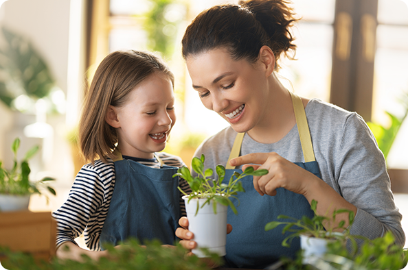 Family caring for plants