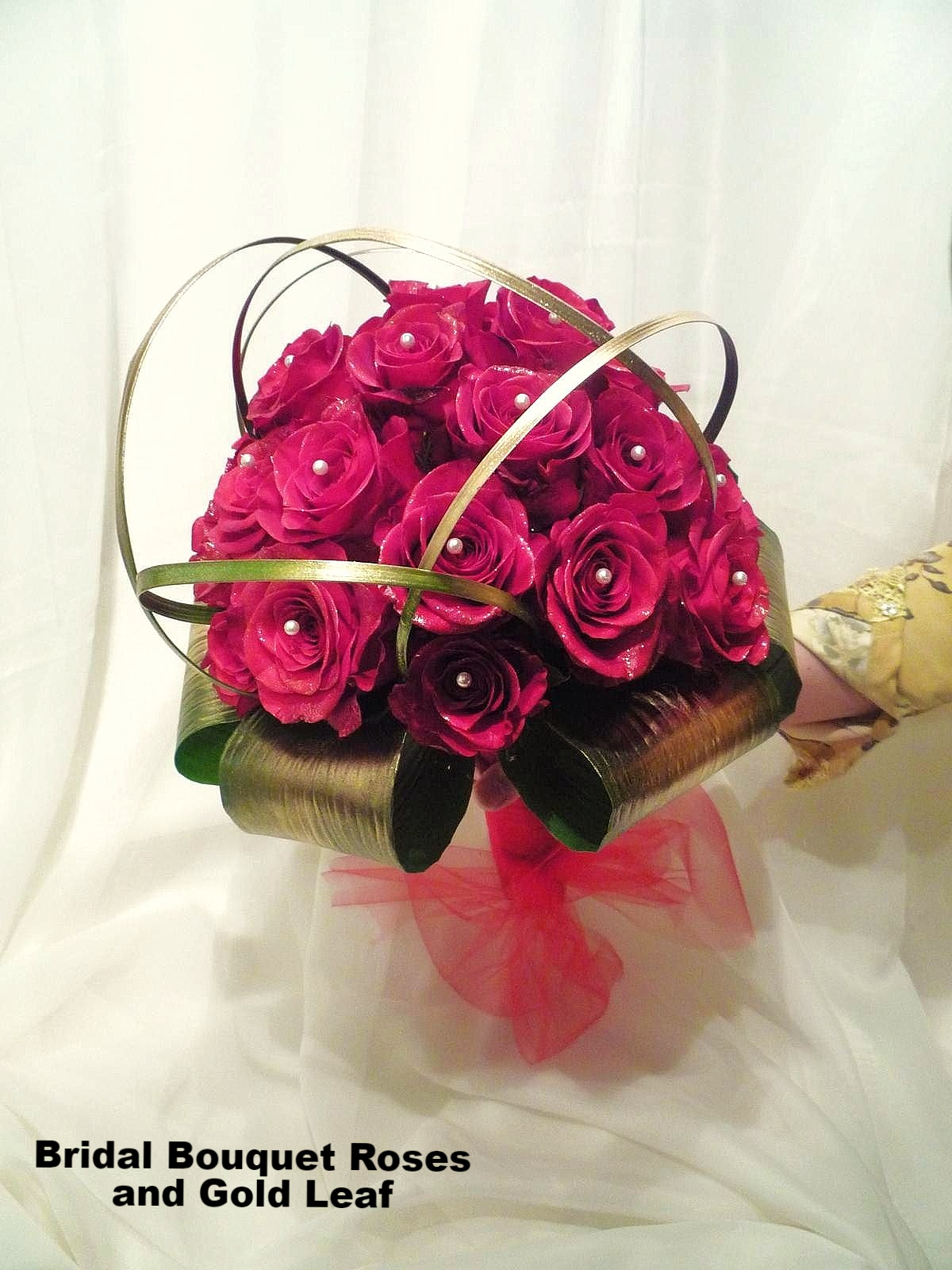 Check Availability $150 Bridal Bouquet Roses and Gold Leaf  