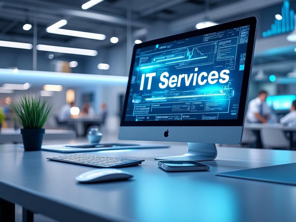 Modern office with a computer displaying 'IT Services' on the screen, surrounded by a sleek keyboard, mouse, and a small plant, with blurred business environment in the background.
