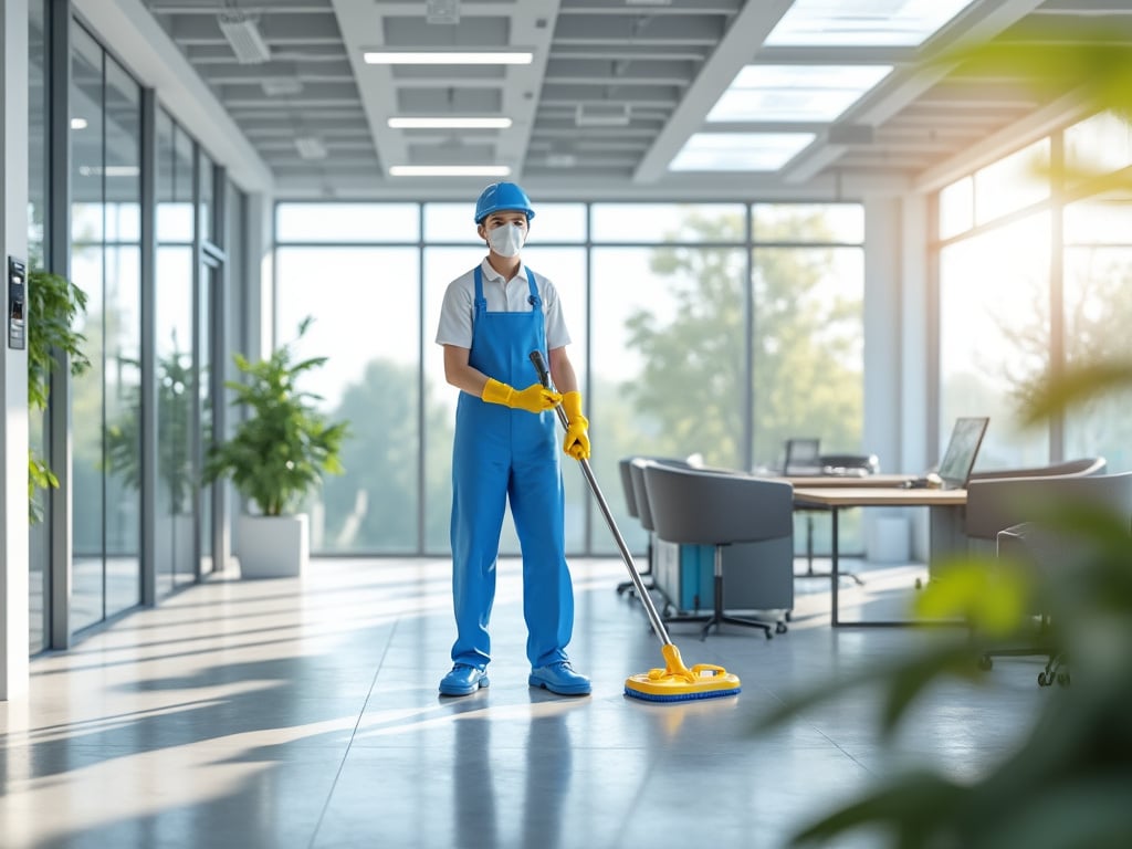 Person cleaning office lobby with mop, wearing blue overalls and protective gear, surrounded by modern furniture and large windows with natural light.