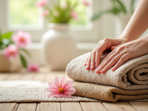 Hands on folded towels with pink flowers in a serene spa setting.
