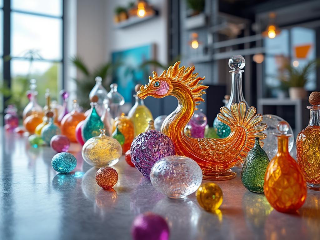 Colorful glass sculptures and bottles arranged on a reflective surface in a bright room.