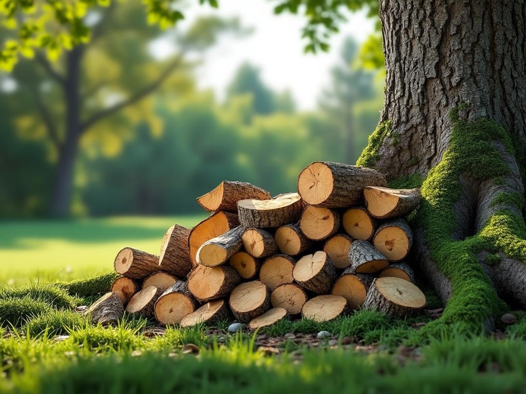 Stack of chopped firewood logs next to a tree with mossy bark in a sunny forest.