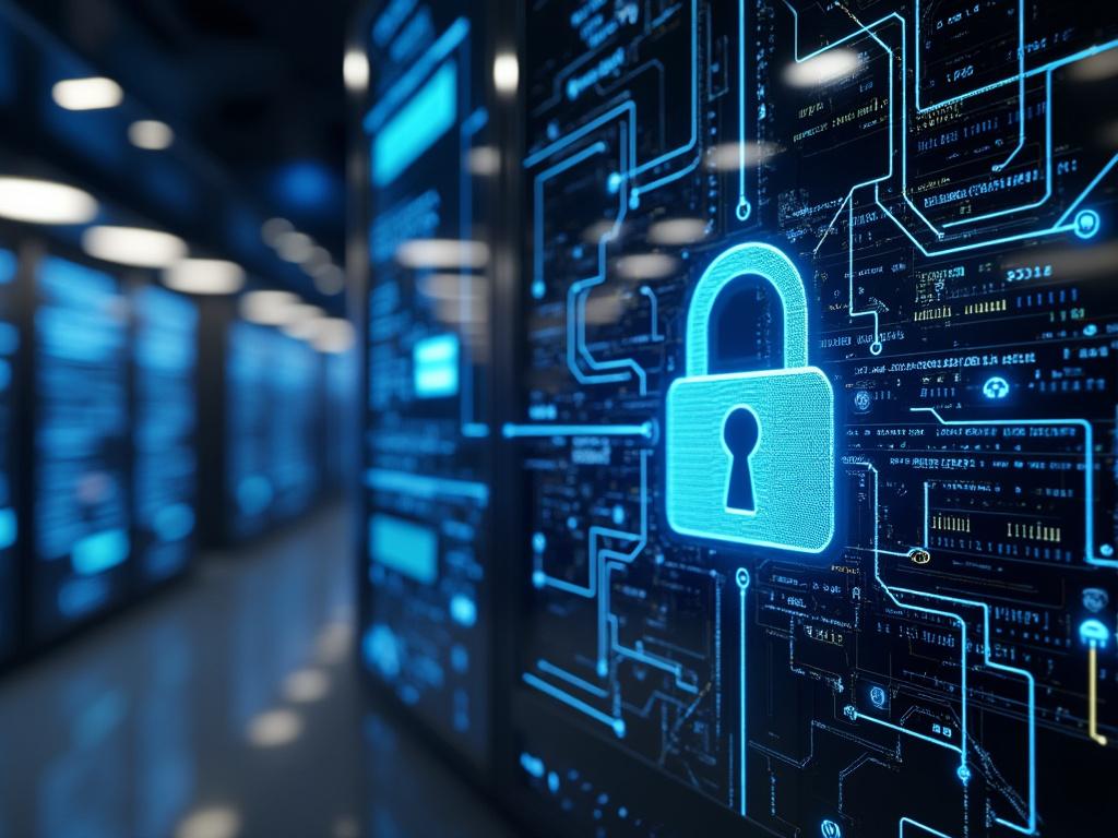 Digital lock icon on a circuit board background in a data center, representing cybersecurity and data protection.