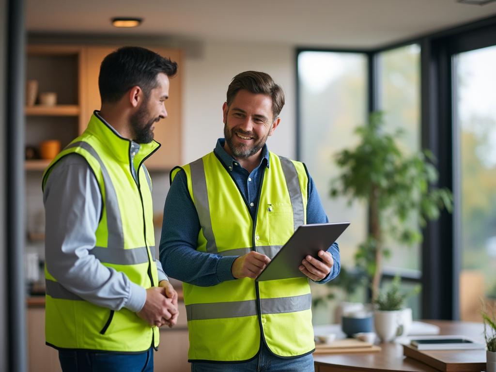 Two smiling men in reflective vests discussing over a tablet in a modern office setting.