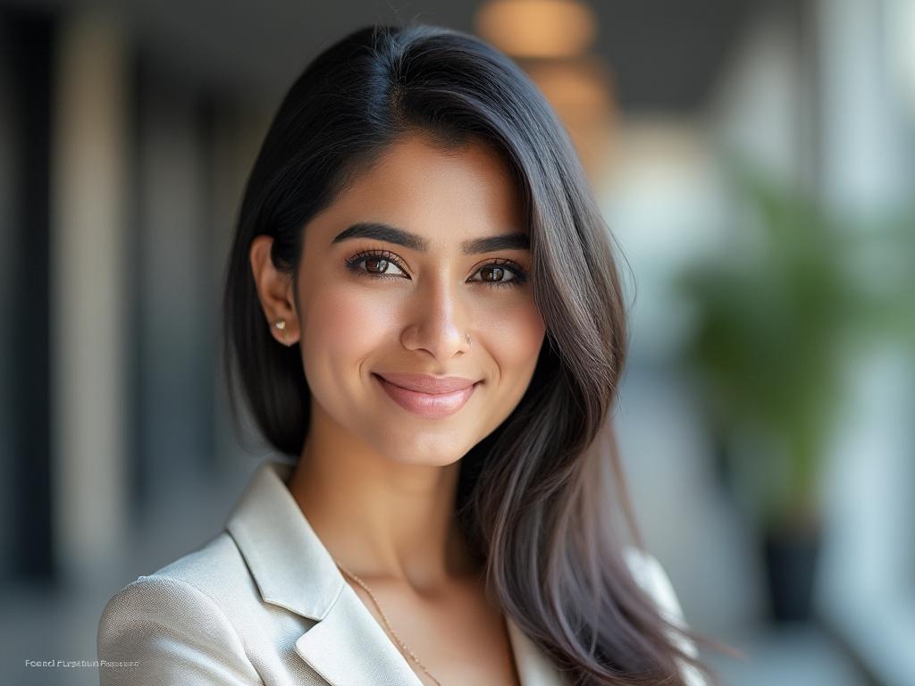 Smiling woman in professional attire with blurred background.