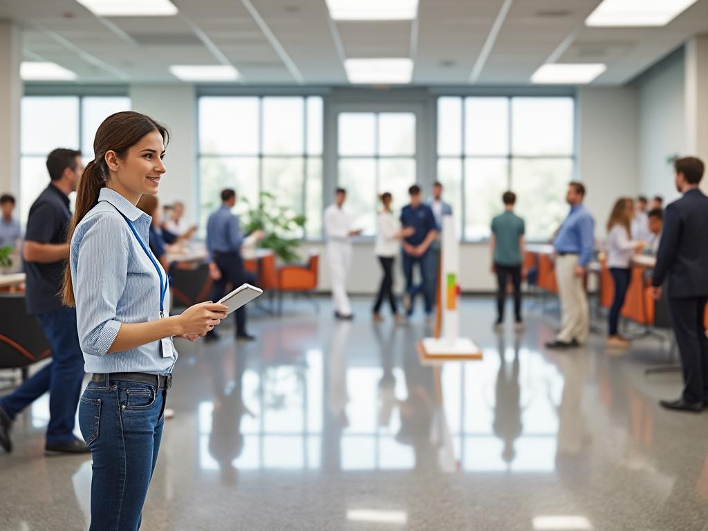 Woman in office holding a tablet, with colleagues in background during a casual meeting.