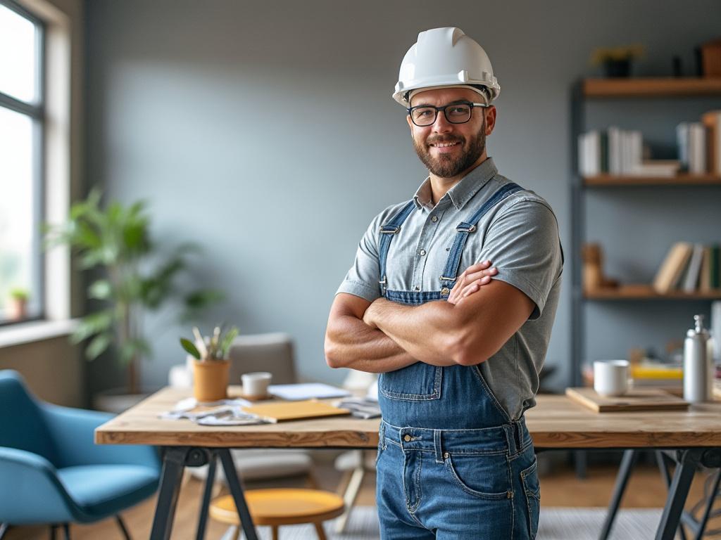 Homme souriant en salopette et casque de chantier, debout bras croisés dans un bureau avec des plantes, livres et meubles modernes.
