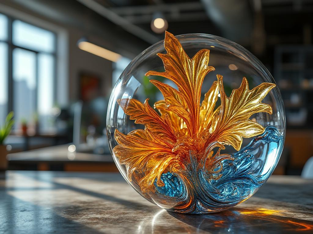 Glass sculpture of golden and blue leaves inside a transparent sphere on a reflective surface in a sunlit room.