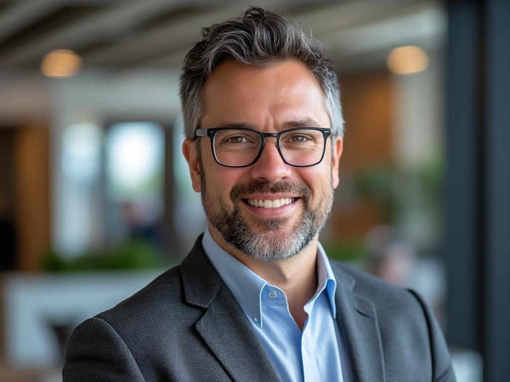 Smiling man with glasses in a business suit, indoor professional setting.