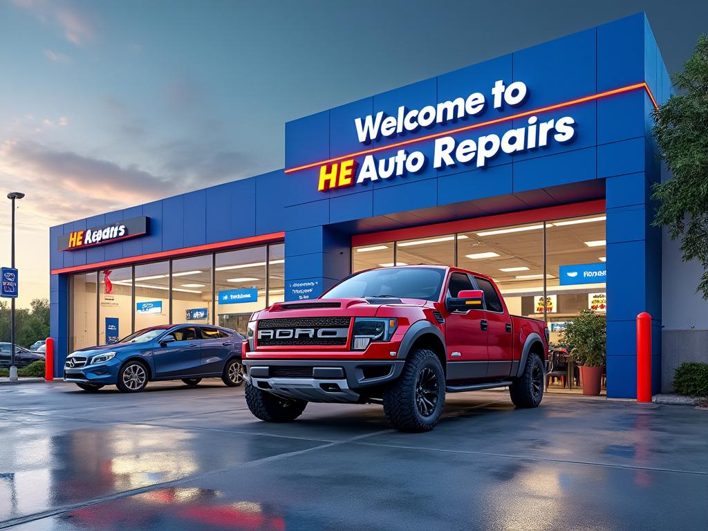 Red pickup truck parked outside HE Auto Repairs shop with blue and red signage, next to a silver sedan.