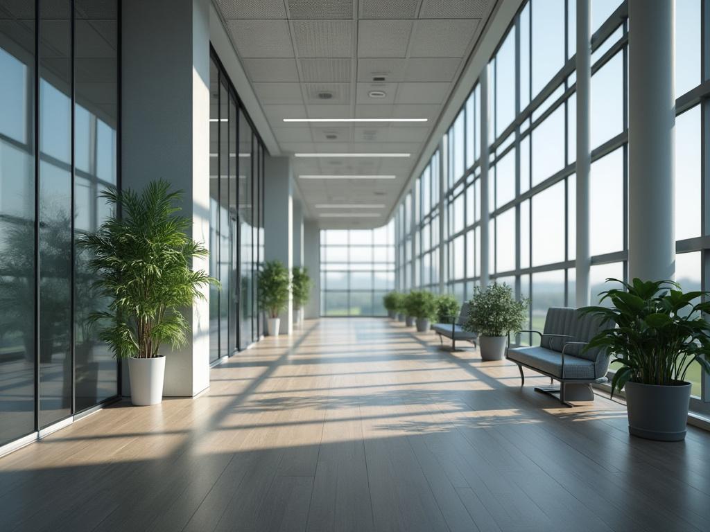 Modern office corridor with large windows, natural light, and green plants in white pots