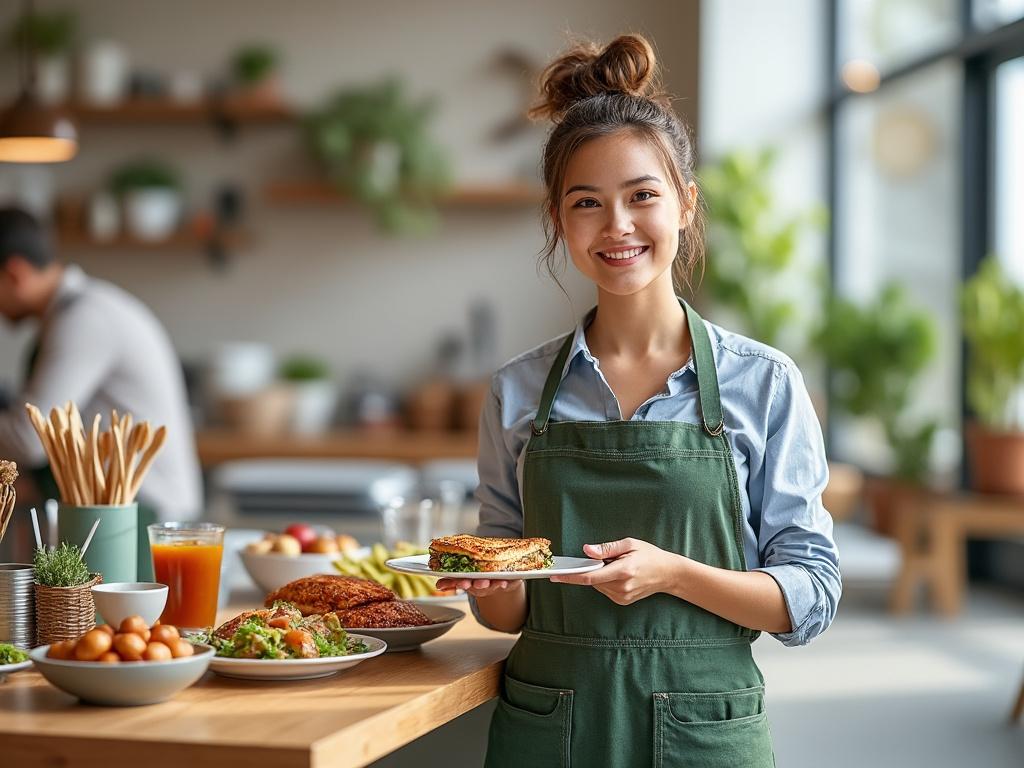 Smiling woman in green apron holding sandwich in a cozy cafe setting, with fresh salads and orange juice on the counter.
