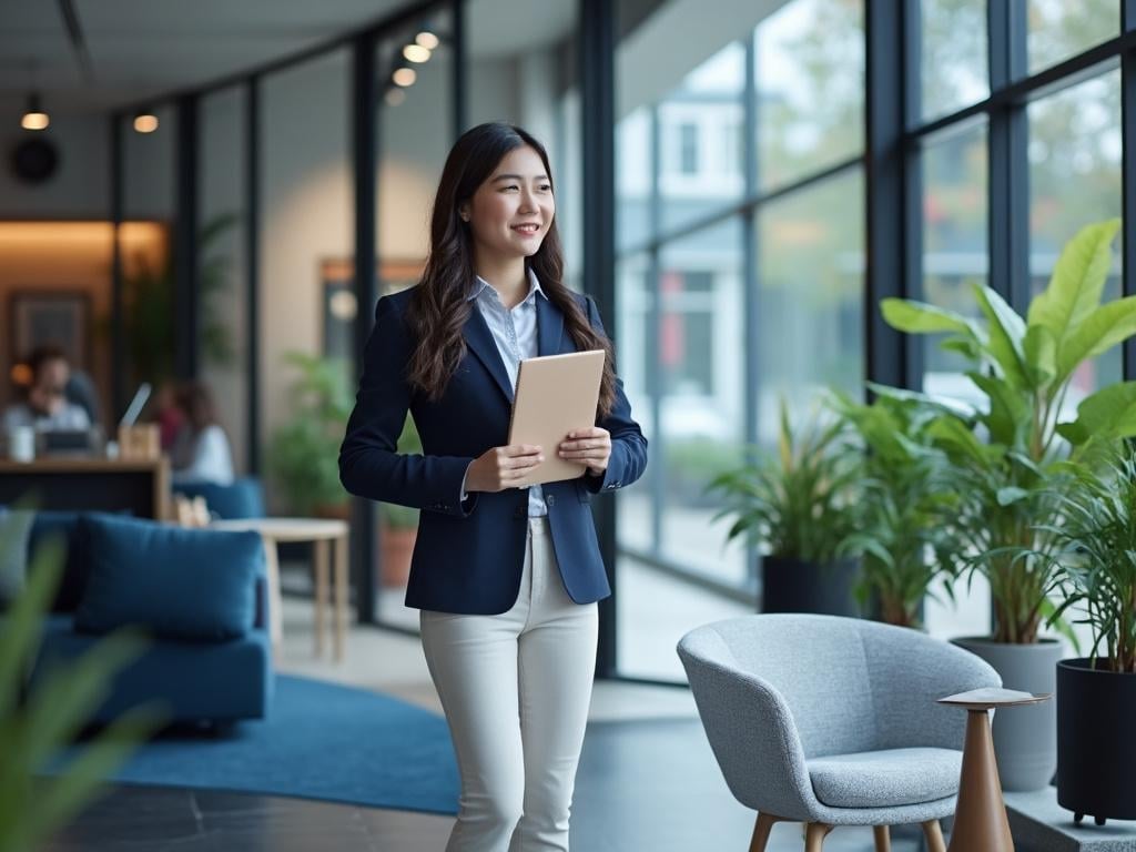 Femme souriante en costume professionnel tenant une tablette dans un espace de bureau moderne avec des plantes et des grandes fenêtres.