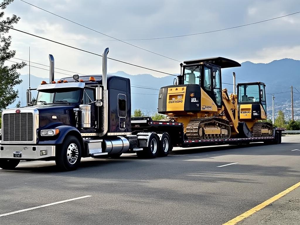 Large truck towing two yellow construction excavators on a flatbed trailer, driving on a road with mountains in the background.
