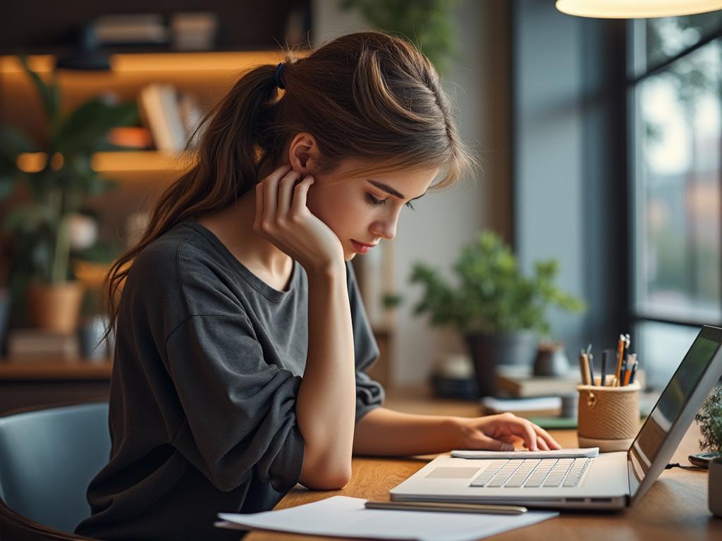 Jeune femme concentrée travaillant sur un ordinateur portable dans un bureau lumineux avec des plantes en arrière-plan.