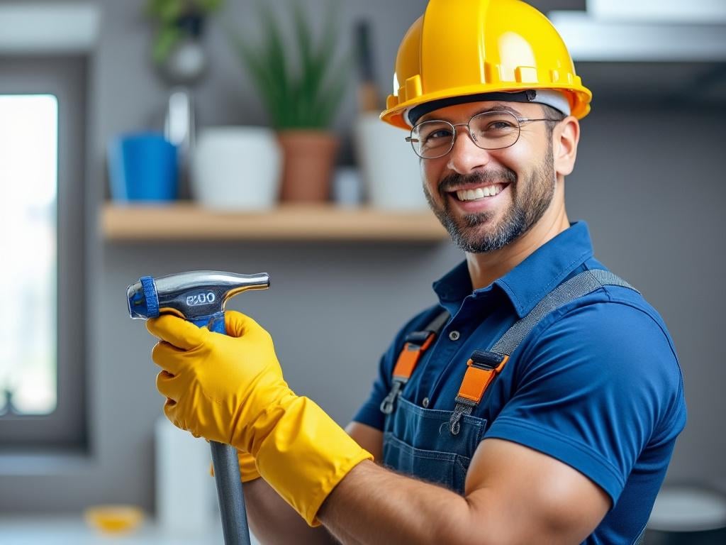 Smiling man in a hard hat and gloves holding a hose nozzle indoors. Smiling man in a hard hat and gloves holding a hose nozzle indoors.