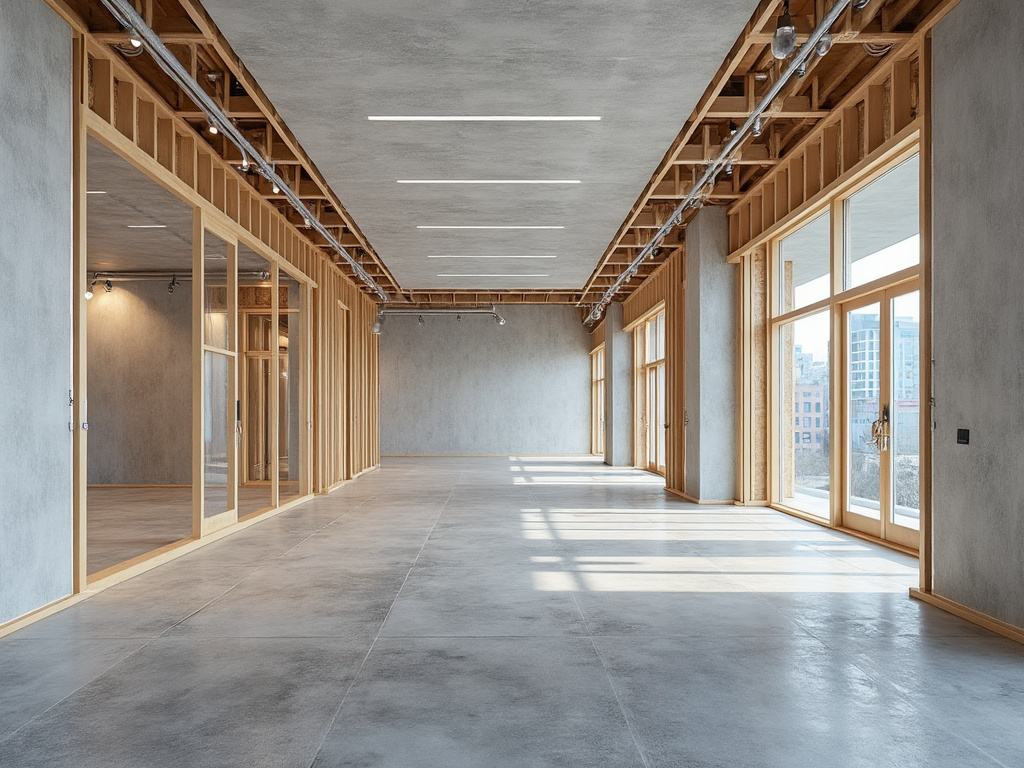 Empty modern office space with exposed wood framing, polished concrete floors, large windows, and industrial ceiling lighting