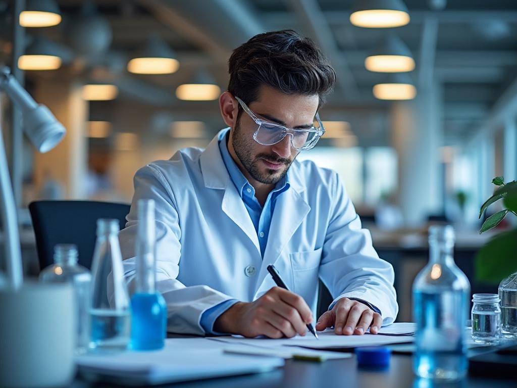 Scientist in lab coat writing notes in laboratory setting with glassware.