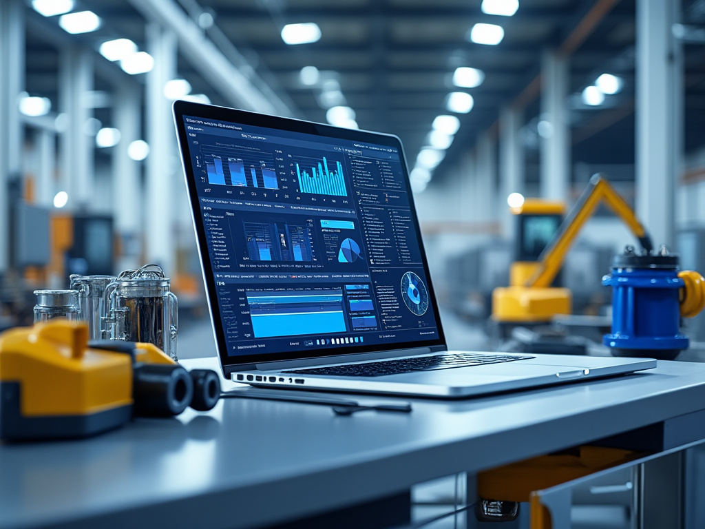 Portátil con análisis de datos industriales en una fábrica moderna, con herramientas y maquinaria robótica en el fondo.