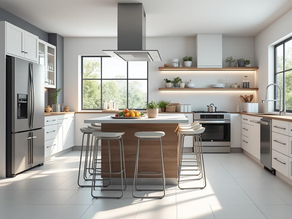 Modern kitchen with stainless steel appliances, white cabinets, and a wooden island with stools, featuring large windows and open shelves.