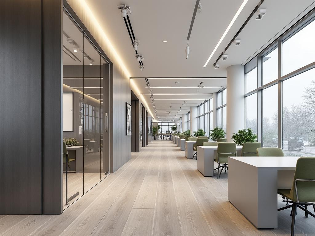 Pasillo de oficina moderno con mesas blancas, sillas verdes y ventanas grandes, decoración minimalista con plantas.