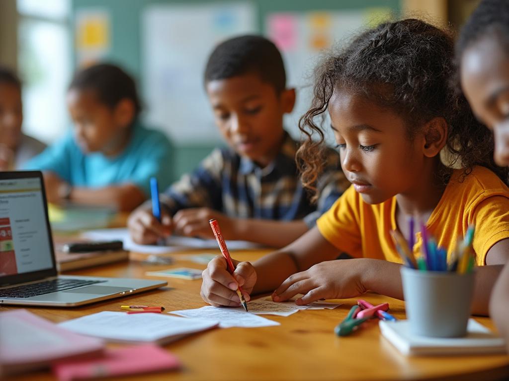 Children focused on schoolwork at a classroom desk with pencils and a laptop.