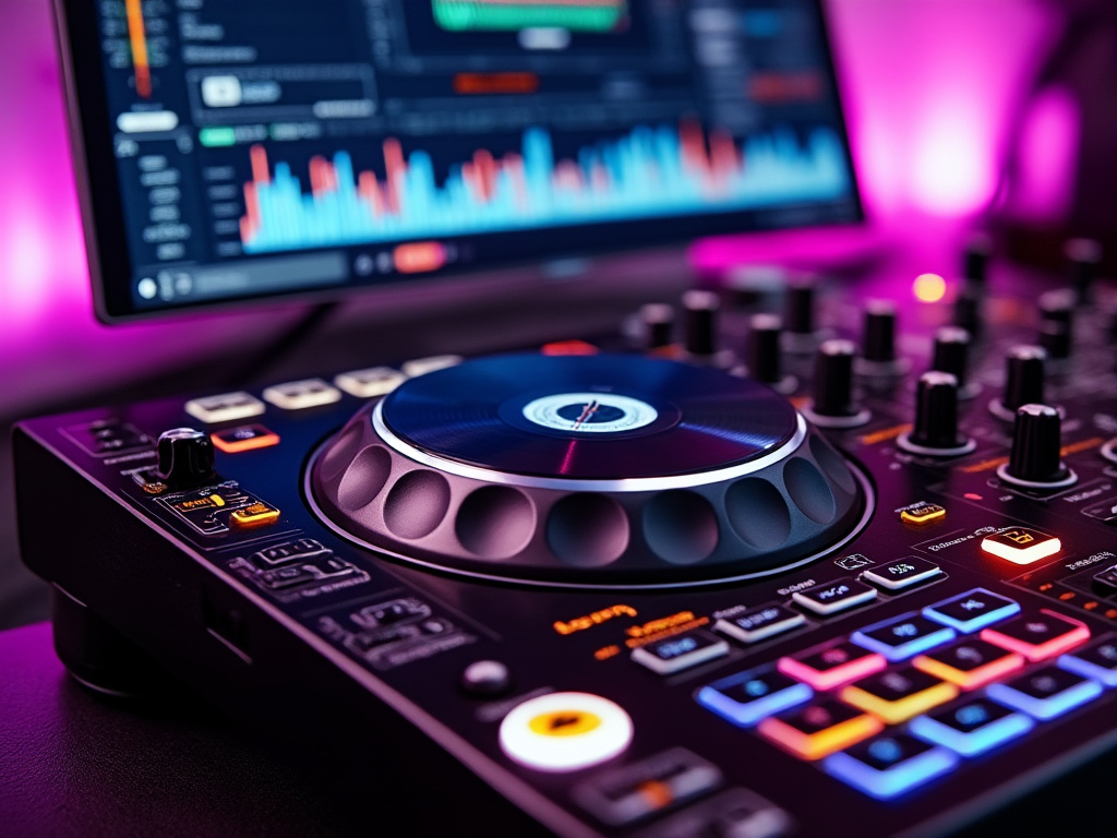 Close-up of a DJ mixer with colorful backlit controls and a digital display, set against a purple ambient background.