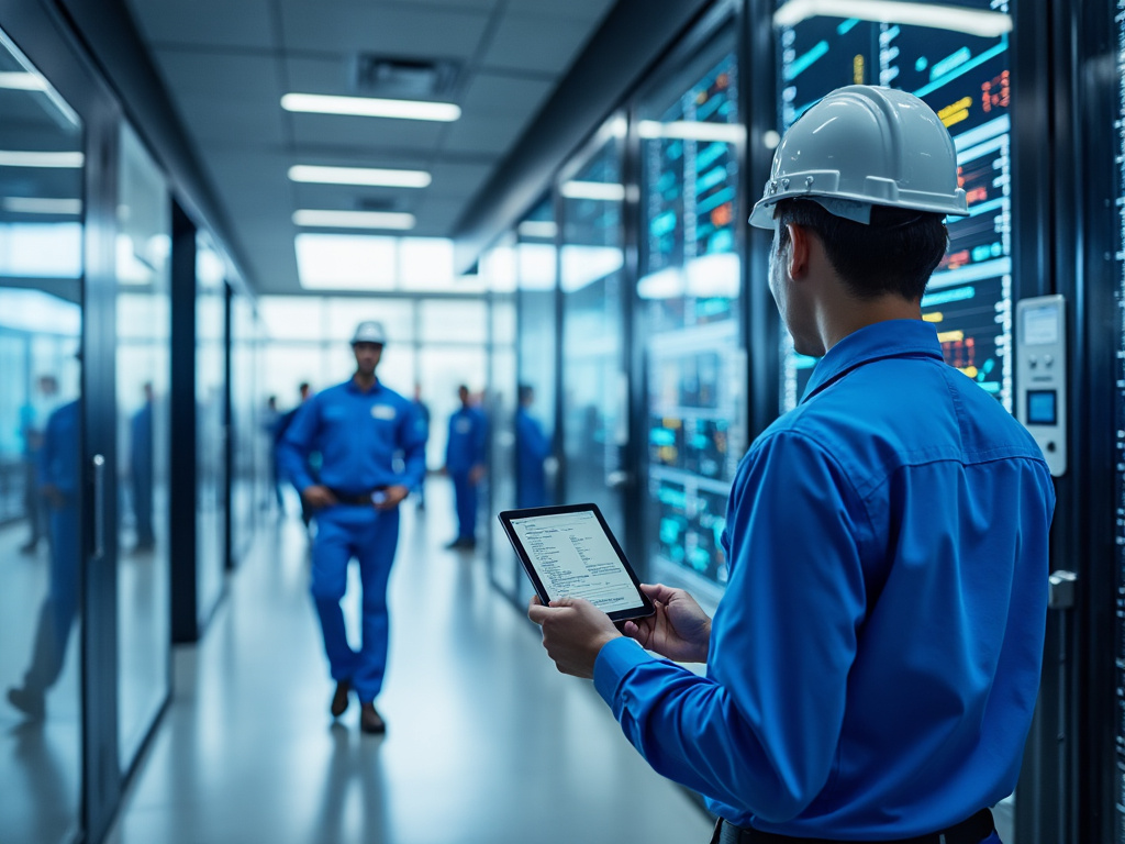 Engineer in a blue uniform and hard hat using a tablet in a server room with digital screens.