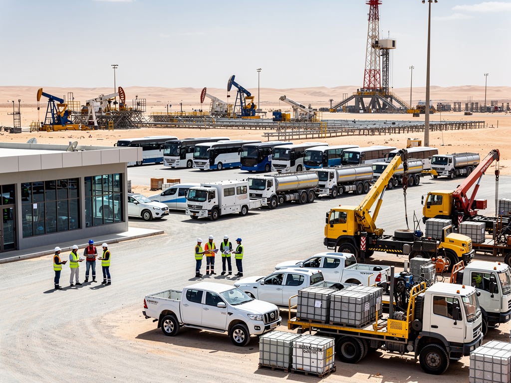 Desert oilfield worksite with drilling rigs, pumpjacks, tanker trucks, cranes, buses, and workers in safety gear Desert oilfield worksite with drilling rigs, pumpjacks, tanker trucks, cranes, buses, and workers in safety gear