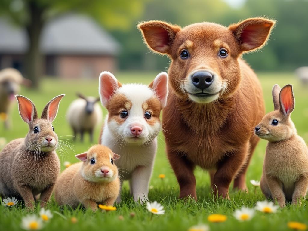 Cute dog and puppy with rabbits on green grass in a sunny field.