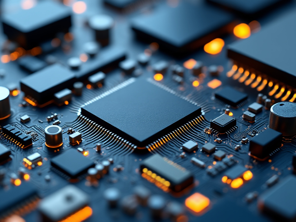 Close-up of a computer motherboard with integrated circuits and glowing components.