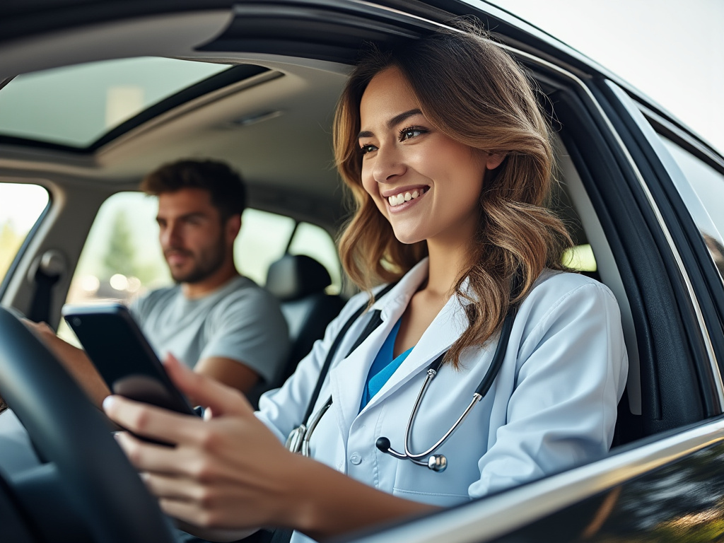 Smiling female doctor with stethoscope using smartphone inside a car with passenger in background