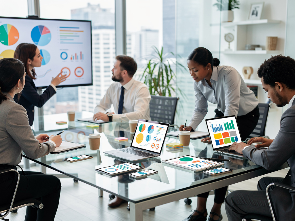 Business team meeting in modern office reviewing data analytics charts on screen and laptops