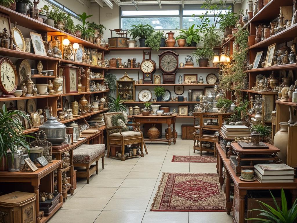 Vintage antique shop interior filled with wooden shelves displaying clocks, ceramics, framed pictures, books, and plants, creating a cozy and nostalgic atmosphere.