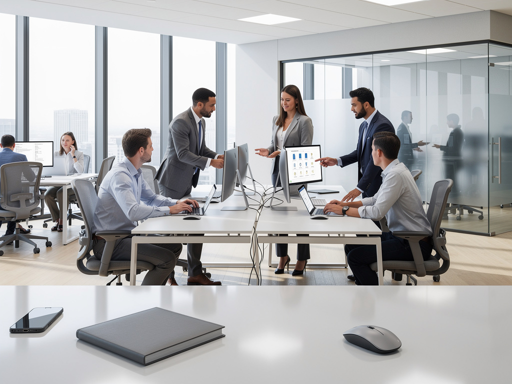 Business team collaborating at desks with computers in a modern glass office