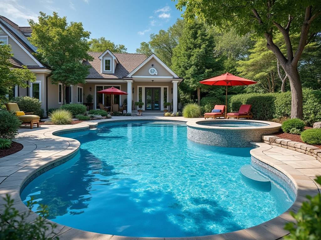 Elegant backyard with swimming pool and hot tub, surrounded by lush greenery and a stylish house with red patio umbrellas.