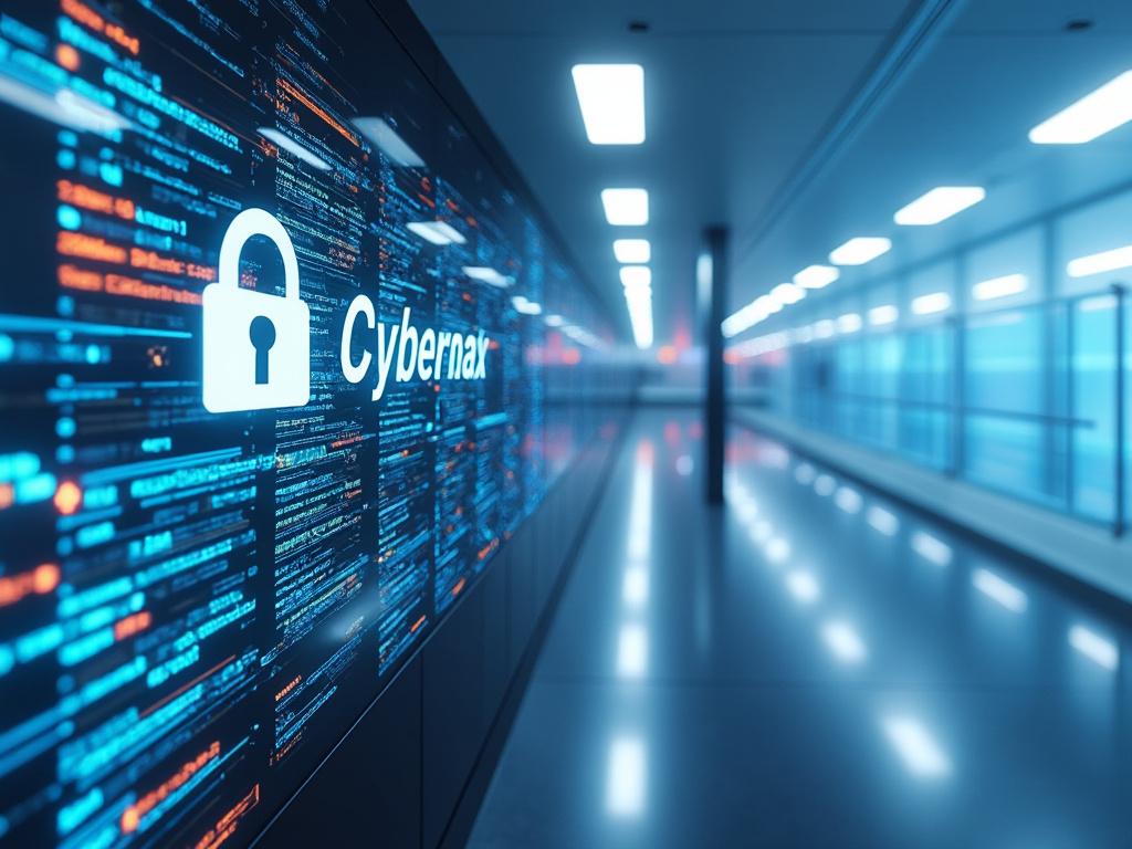 Futuristic hallway with cybersecurity theme displaying digital lock icon and data stream.