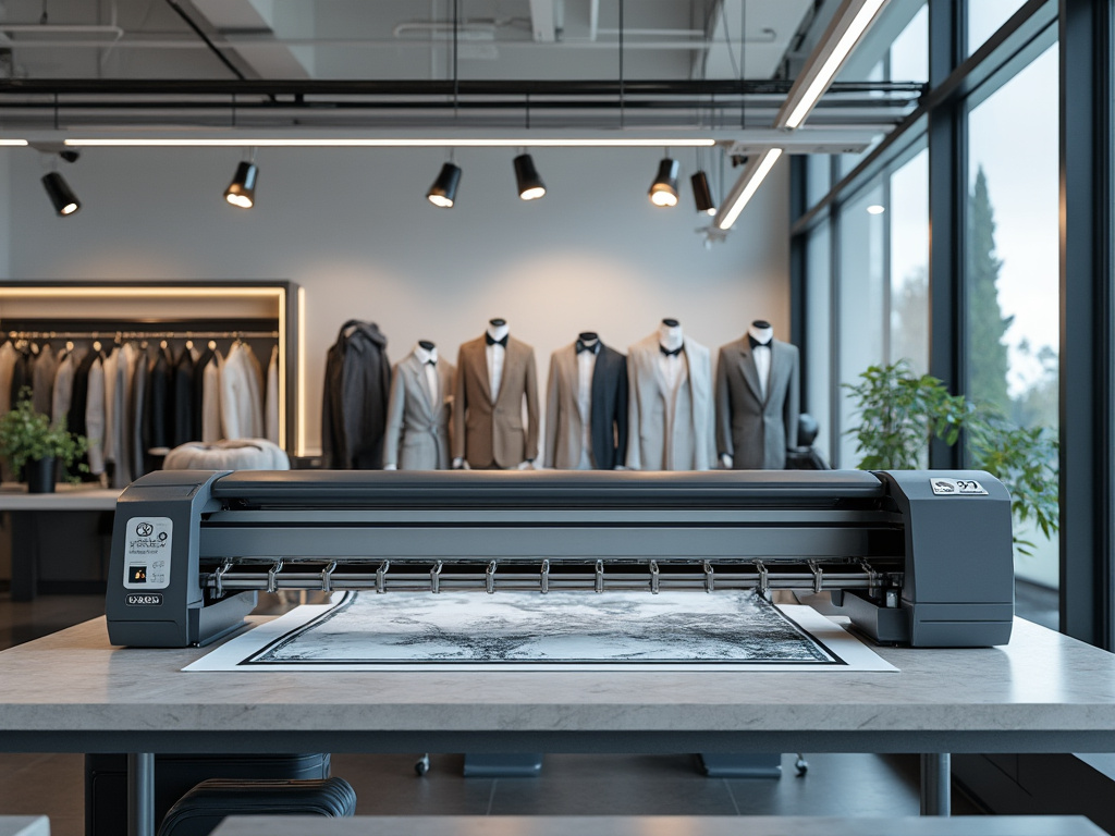 Man in a gray blazer reviewing large black and white prints from a printer in a modern office setting.