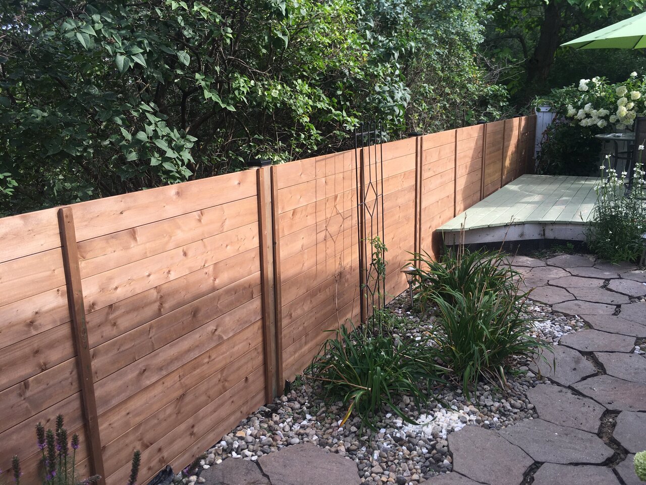 Wooden backyard fence with garden plants and stone pathway, surrounded by lush greenery on a sunny day.