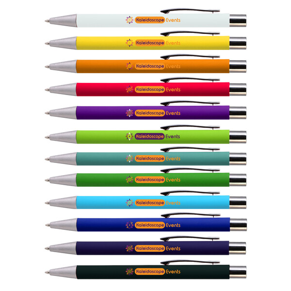 a group of different colored pens sitting next to each other