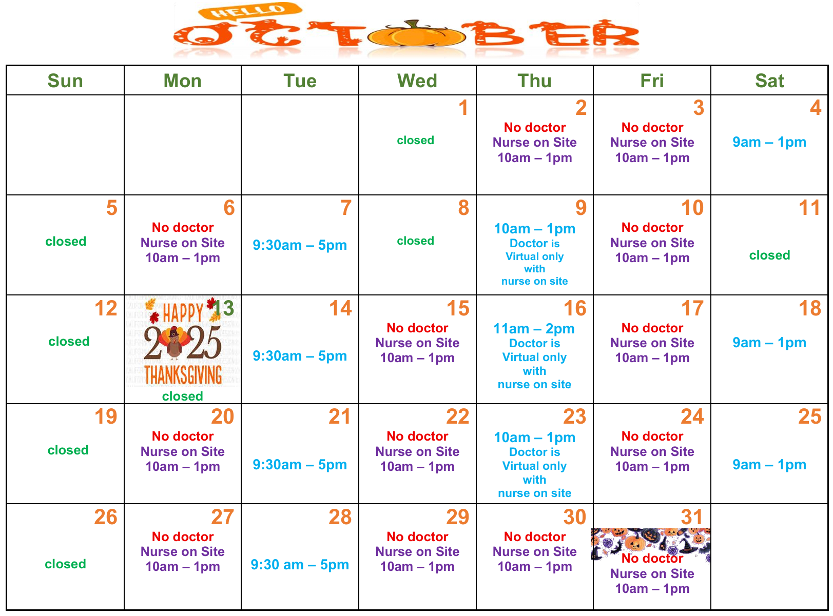 Clinic hours for this month