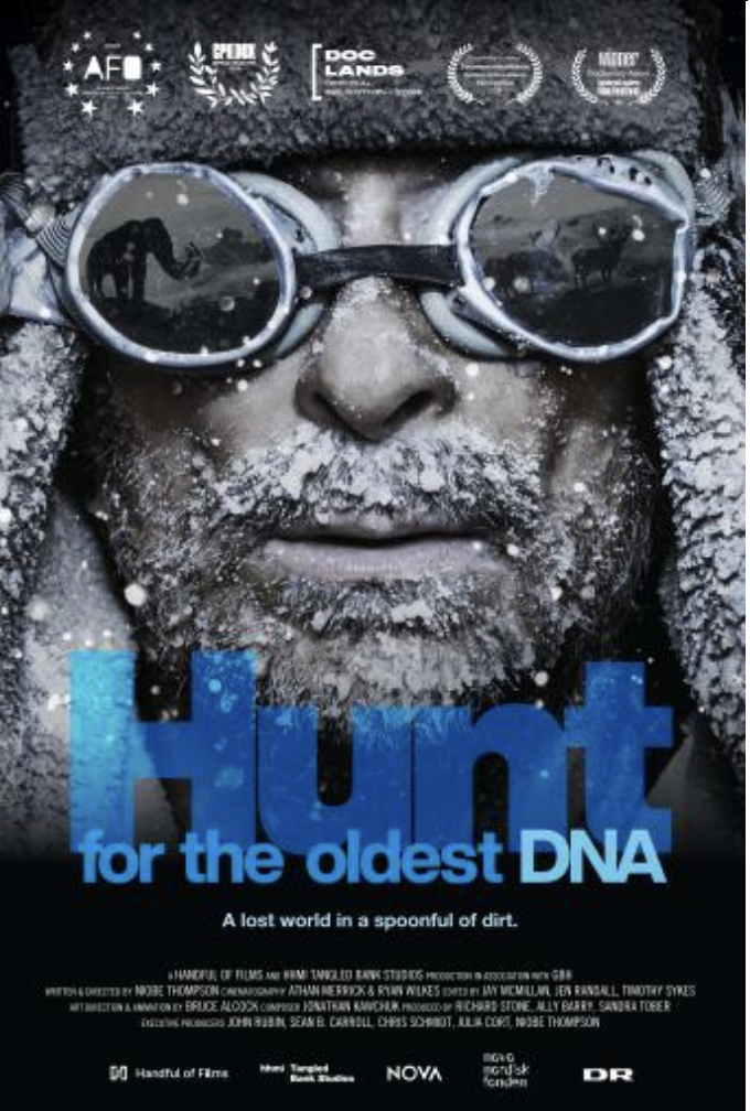 Movie poster for Hunt for the Oldest DNA showing a frost-covered explorer wearing snow goggles in icy conditions