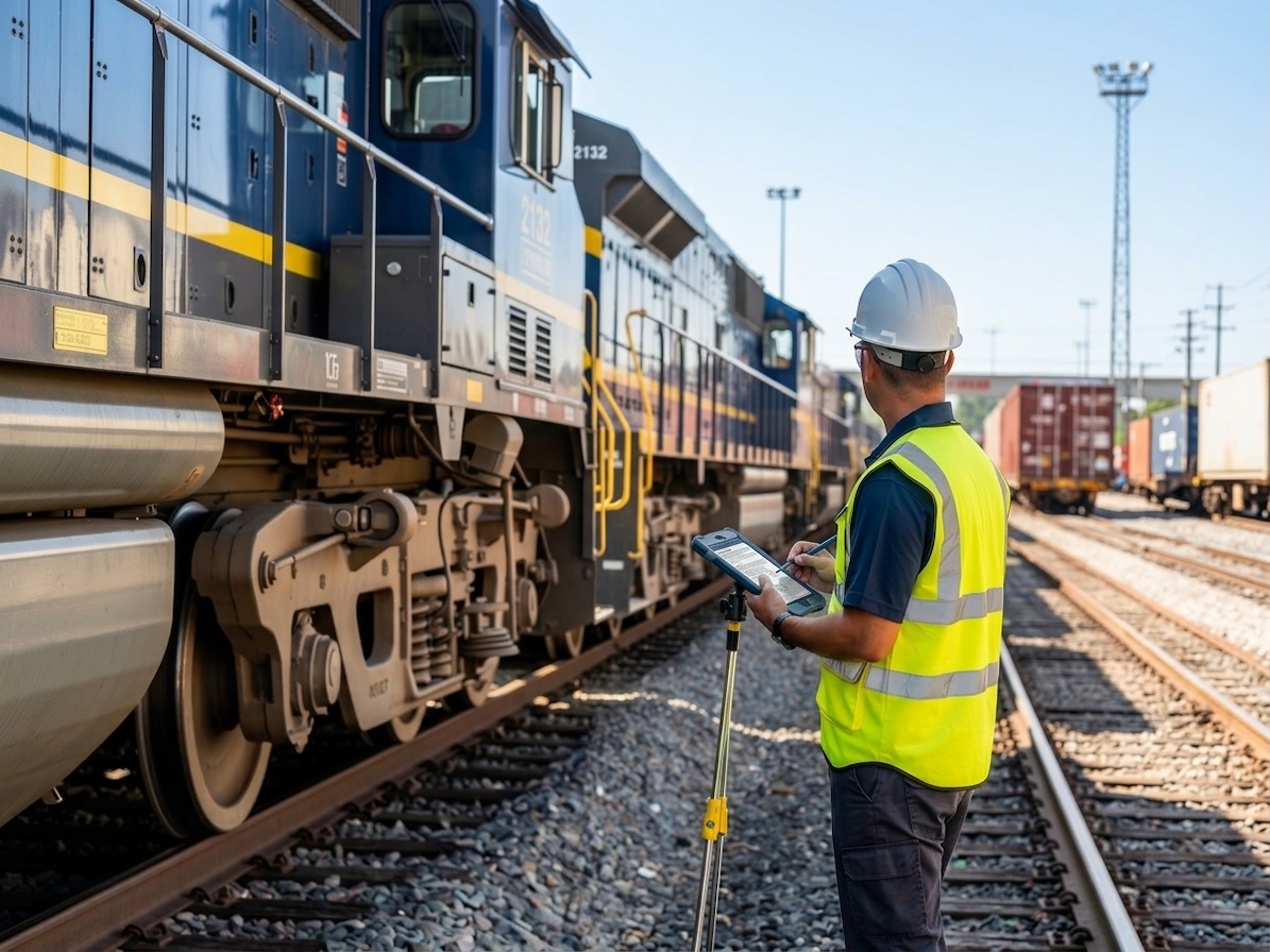 Railway worker in hard hat inspecting freight train and tracks with safety equipment