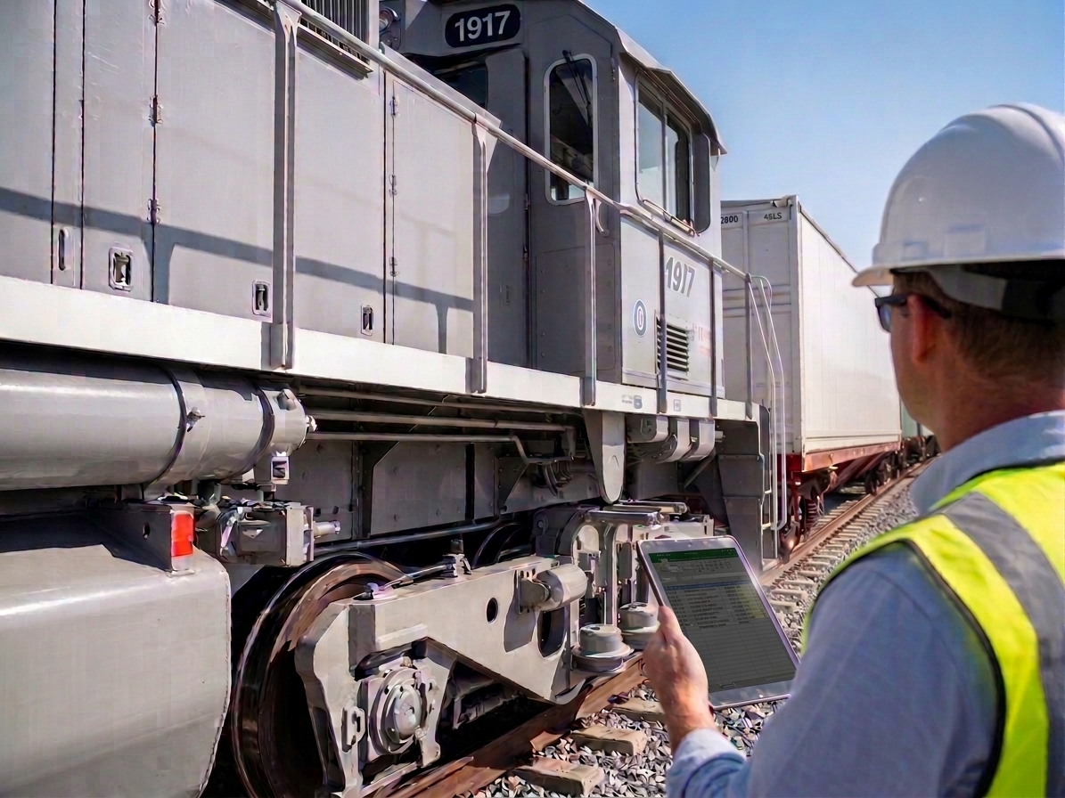 Railway inspector in safety vest examining freight train locomotive and cargo containers on industrial rail yard tracks