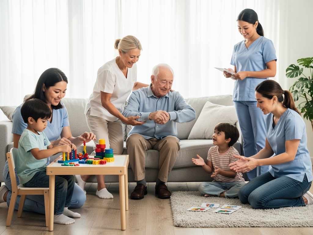 Caregivers and nurses providing senior care and child therapy in a bright home setting