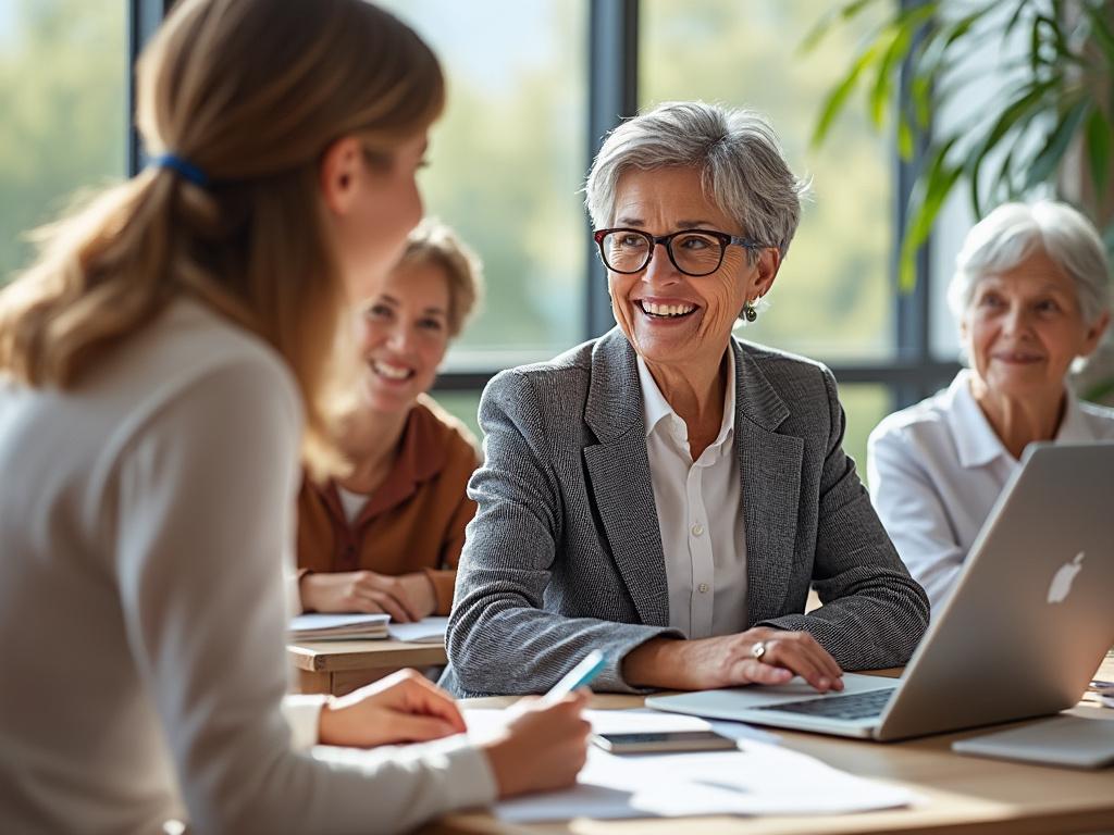 Group of professionally dressed women engaging in a meeting, smiling and discussing around a table with a laptop, papers, and natural light from a large window.